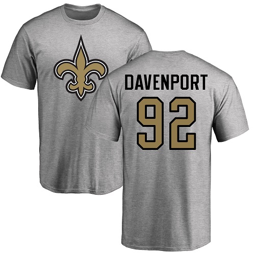 Men New Orleans Saints Ash Marcus Davenport Name and Number Logo NFL Football #92 T Shirt